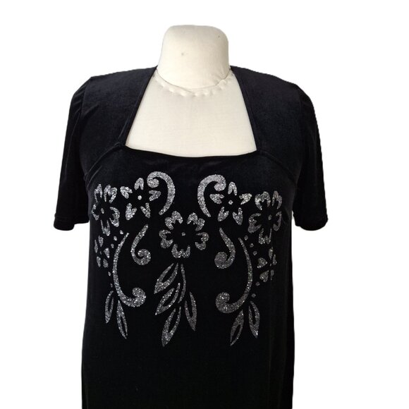 Plus Size L Velvet Evening Gown Blue With Sparkle Detail A-Line Short Sleeve - Picture 3 of 4